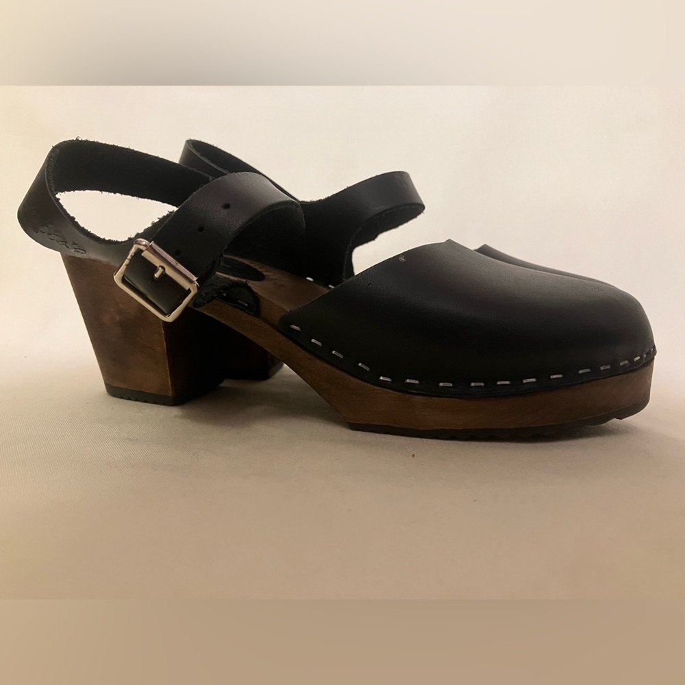 Lotta From Stockholm Black Leather Wood-Platform Clogs